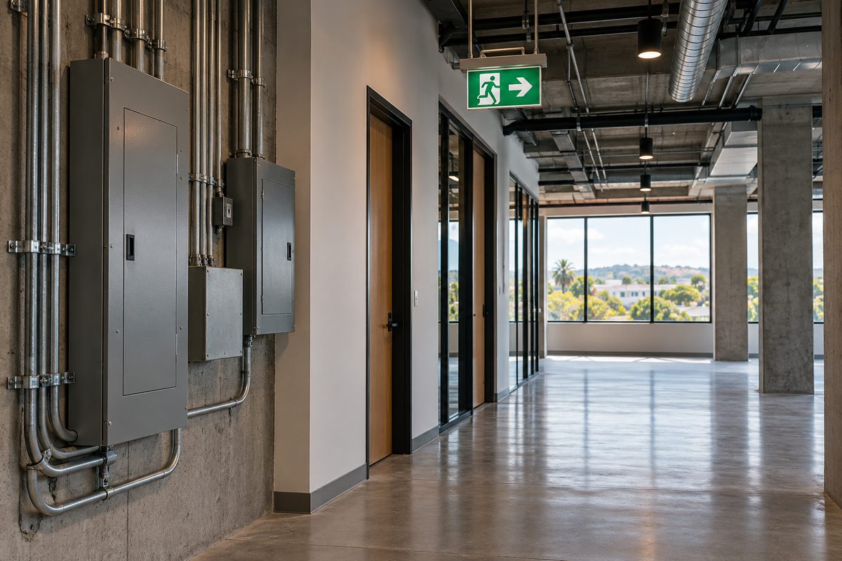 Commercial facility interior undergoing fire safety and municipal code compliance evaluation