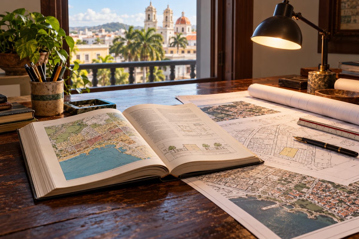 Regulatory advisory desk with Puerto Rico municipal code volumes and cadastral records