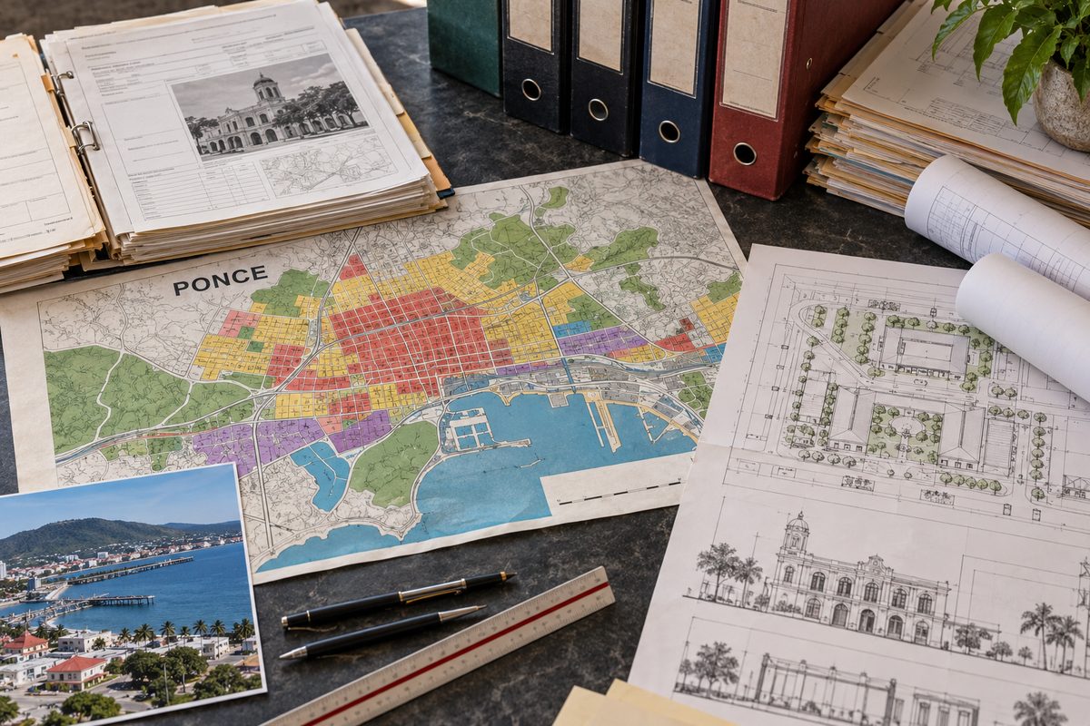 Official Puerto Rico zoning maps and commercial permit dockets on a consultation desk